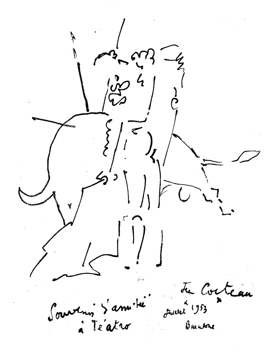 Dibujo de Jean Cocteau representando una escena taurina –torero dando un pase de pecho al toro– a línea negra sobre fondo blanco